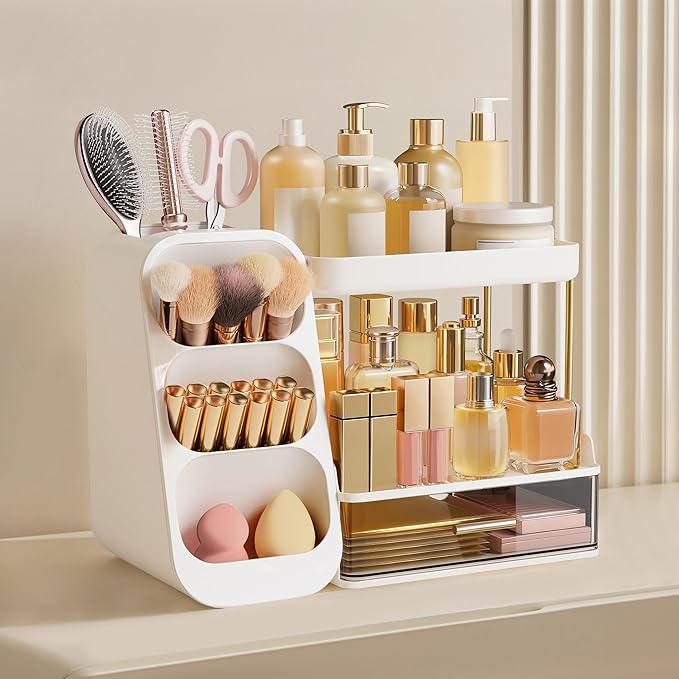 HBlife Bathroom Organizers and Storage with Brush Holder for Vanity, 3 Tier Plastic Makeup Organizer for Dresser Counter, Skincare, Lipstick, Perfume, and Cosmetic Storage
