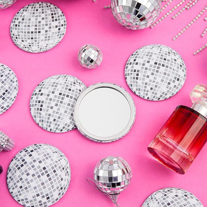 Qunclay 24 Pcs Disco Ball Compact Round Pocket Mirror - 2.76 Inch Vintage Mini Handheld Portable Mirror for Purse, Women Gift, Party Supply, Travel Daily (Silver)