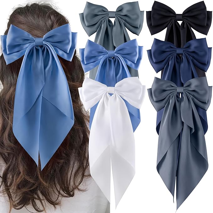 6Pcs Large Bows Hair Clips for Women Girls Long Tail Hair Ribbon Silky Satin Barrettes Coquette Bows Accessories (Black/Skyblue/Grayblue)