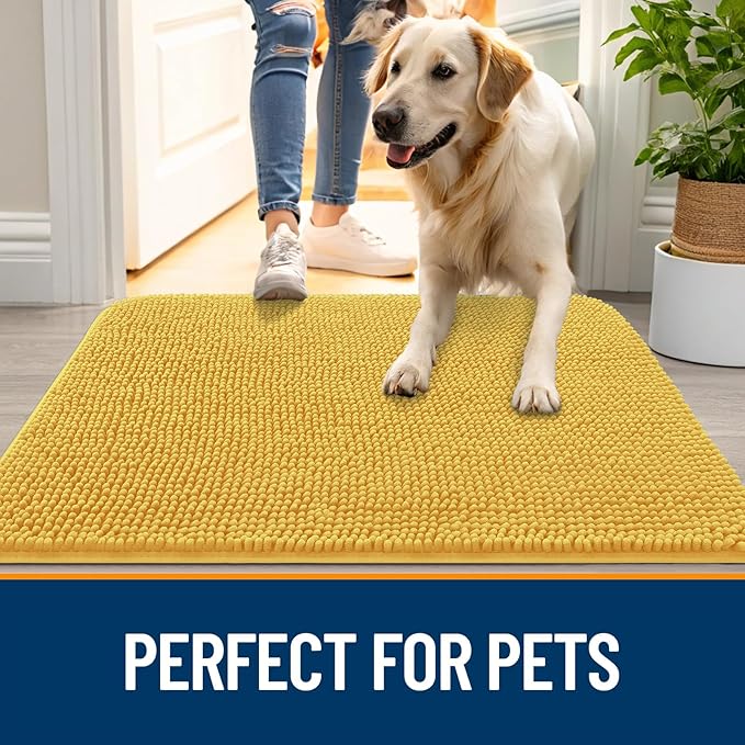 OLANLY Dog Door Mat for Muddy Paws 34x21, Absorbs Moisture and Dirt, Absorbent Non-Slip Washable Doormat, Quick Dry Chenille Mud Mat for Dogs, Entry Indoor Entryway Carpet for Inside Floor, Yellow