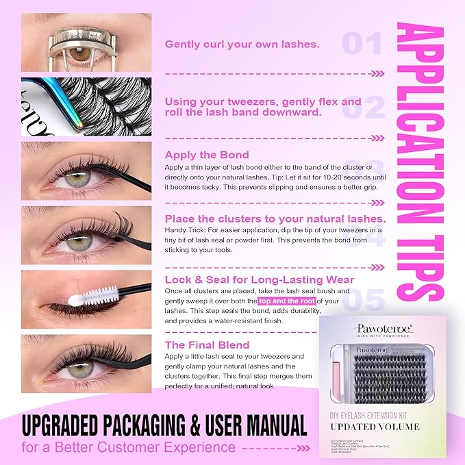 Pawotence Lash Extension Kit DIY 280pcs Individual Lash Clusters Kit 30D 40D Cluster Eyelash Extensions Kit with Bond and Seal, Remover, Tweezers for Self Use (30D&40D, 9-16mm, All Kit)