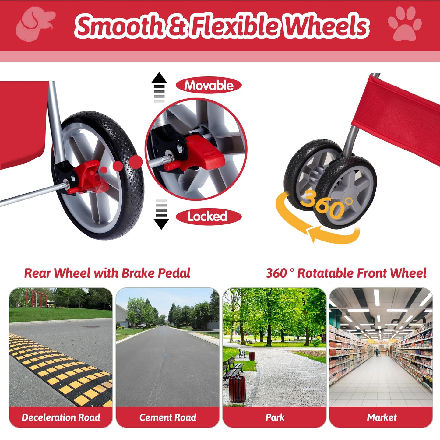 Azaeahom Pet Stroller, 4 Wheels Pet Strolling Cart for Medium/Small Dogs and Cats, Foldable Cat Jogger/Dog Stroller with Cup Holder, Storage Basket, Breathable Mesh, All-Season Pet Carrier, Red