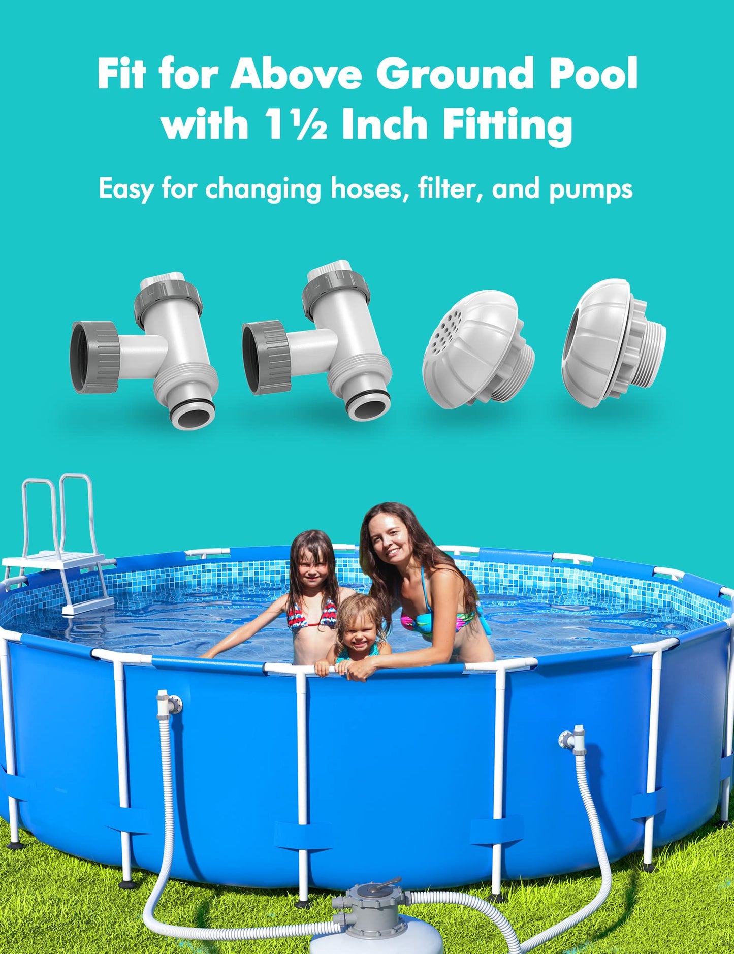 MASCARRY Above Ground Pool Parts, Plunger Valves for Pools Replacement Parts, Pool Pump Part with On Off Plunger Valves, 1.5" Outlet Strainer & Inlet Nozzle, Pool Hose Adapter for Sand Pump