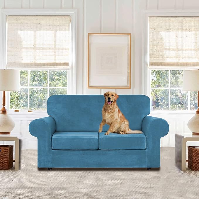WEERRW Velvet Couch Covers for 2 Cushion Couch Sofa - High Stretch Velvet Plush 3 Pieces Sofa Slipcovers with Elastic Bottom, Furniture Protector for Pets, Machine Washable, Peacock Blue, Medium