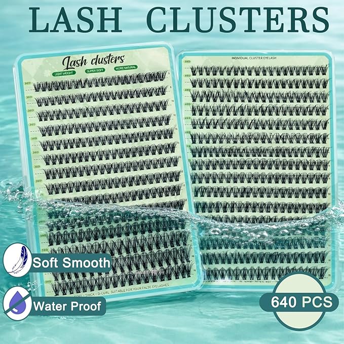 Wispy Lash Clusters 640pcs Eyelash Cluster Extensions 50D+60D Curl Individual False Eyelashes 9-16mm Natural Fluffy Mink Lash Clusters Extension Kit