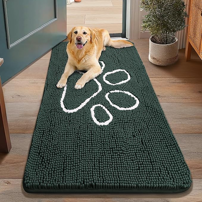 Smiry Dog Door Mat for Muddy Paws, Absorbent Dirt Trapper Non Slip Quick Dry Washable Chenille Mat for Mud Dogs, Entry Rug for Indoor and Outdoor (48x30 Inches, Green and White)