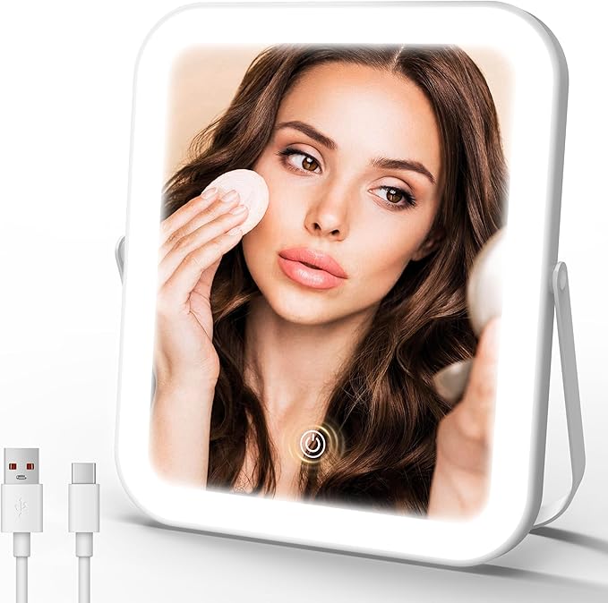 ROLOVE Travel Makeup Mirror with Lights, Ultra-Thin Aluminum Lighted Vanity Mirror, 8"x10" Rechargeable LED Mirror for Travel & Desk, 3 Color Dimmable Portable Folding Mirror, Gifts for Women