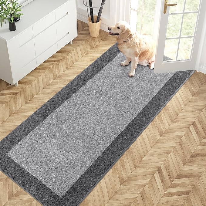 PURRUGS Dirt Trapping Door Mat 32" x 72", Non-Slip Washable Entry Mat, Dog Doormat, Front Door Mat, Super Absorbent Entrance Mat for Muddy Shoes & Paws, Light Grey & Grey