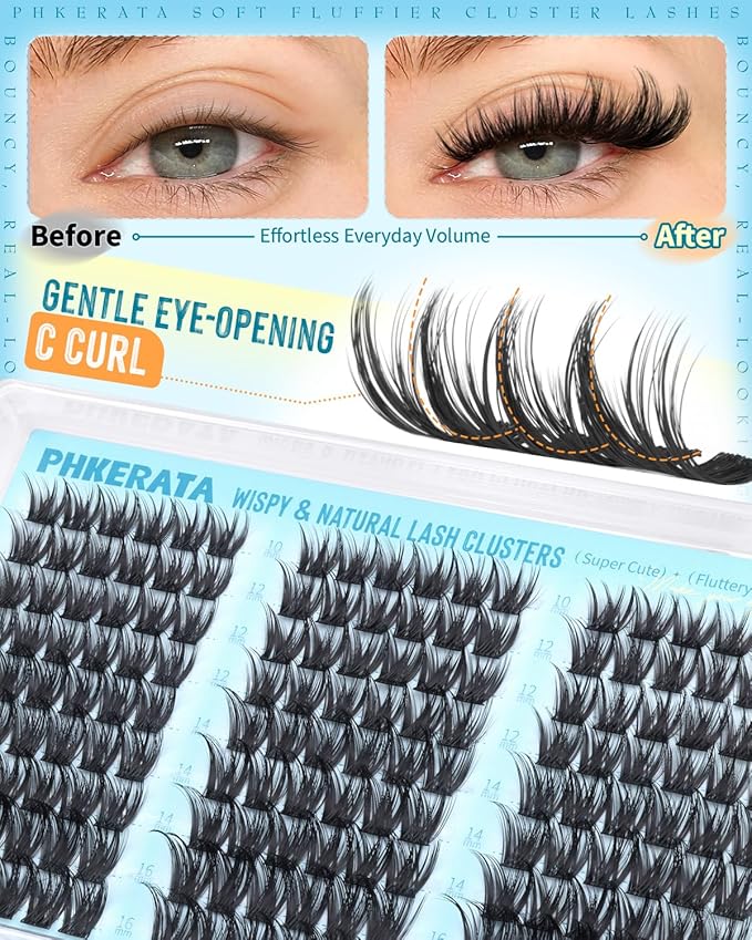 PHKERATA Fluffy Lash Clusters Wispy Eyelash Clusters, 3D Volume Cluster Eyelash Extensions, DIY Individual Lashes with Soft Thin Band, 162Pcs, 10-16mm
