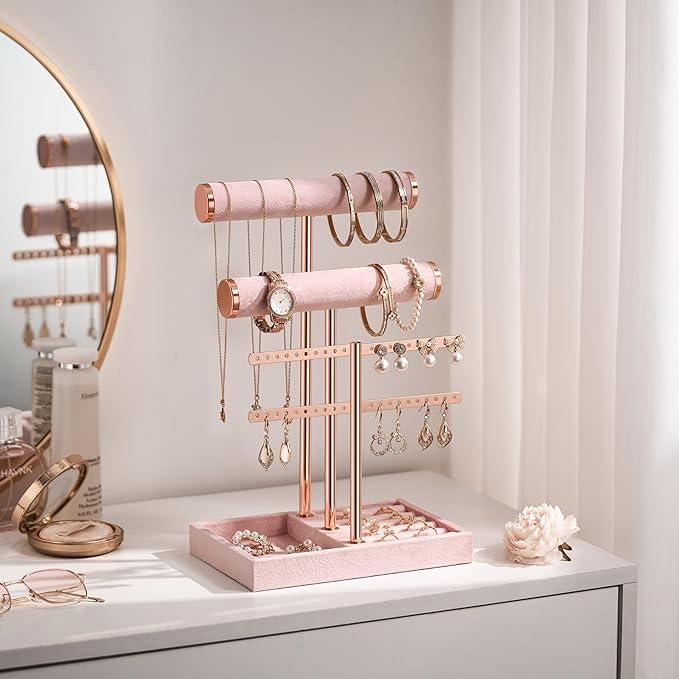 3 Tier Bracelet Holder Display - Detachable T Bar Pink Velvet Bracelet Holder, Jewelry Holder Organizer for Bracelet, Necklace, Earrings, Rings