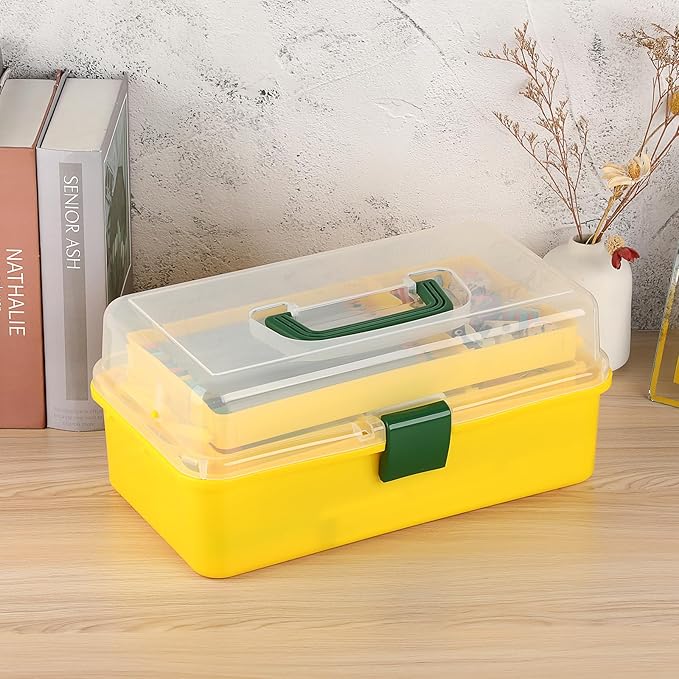 BTSKY 3-Layer Plastic Dividing Storage Box Craft Organizer with Adjustable Spacers Portable Handled Art Supply Organizer Multipurpose Home Utility Box for Sewing (Yellow+Green)