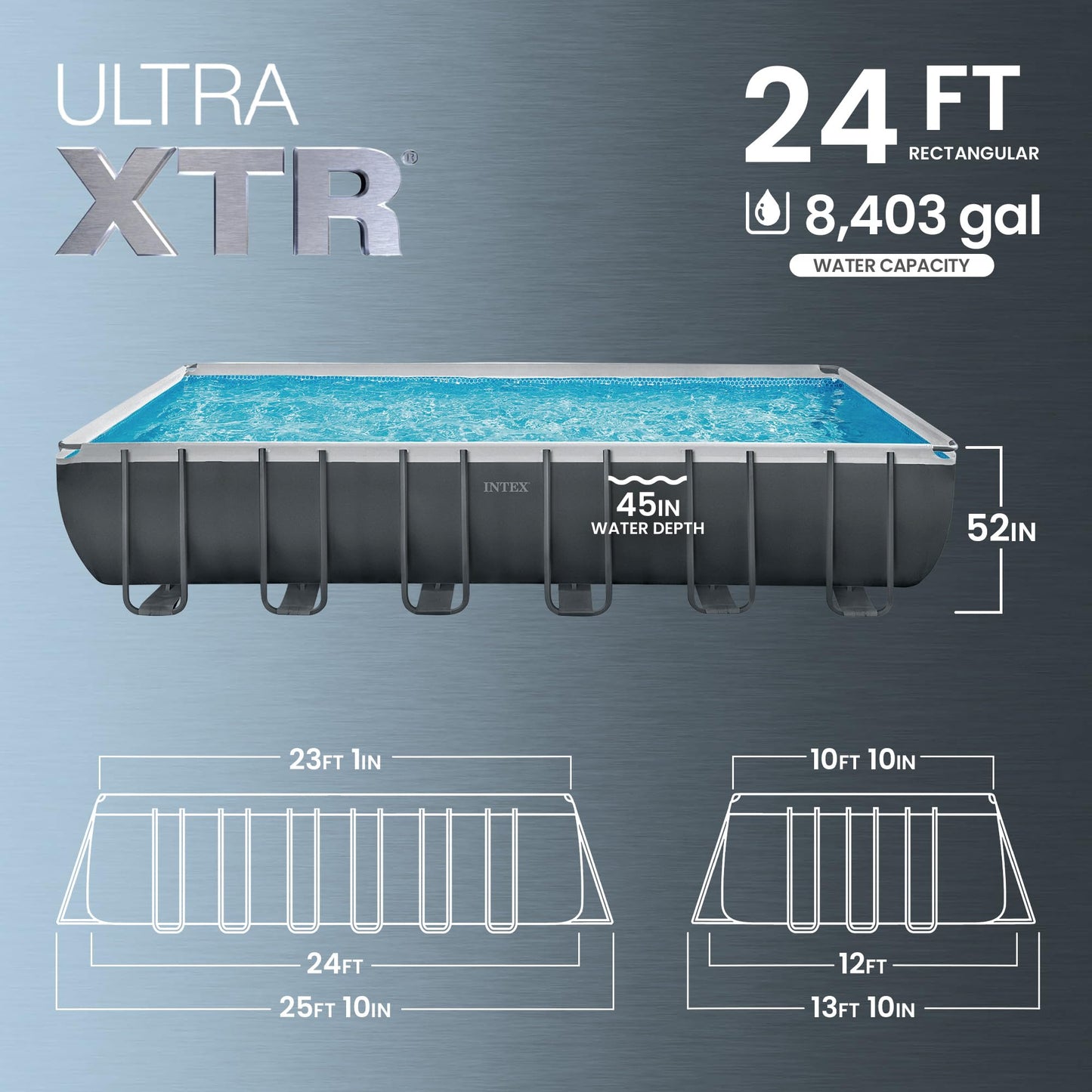 INTEX Ultra XTR 24 ft x 12 ft 52 in Above Ground Pool Set, Rectangular Swimming Pool with Sand Pump, Saltwater System, Maintenance Kit, & Volleyball Game
