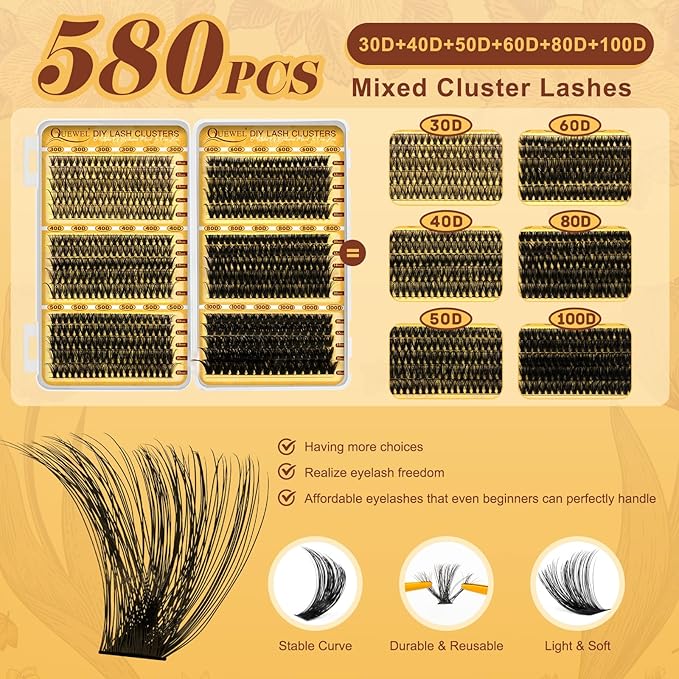 QUEWEL 580PCS Eyelash Clusters 30D+40D+50D+60D+80D+100D Wispy Lash Clusters 10-18mm Cluster Lashes Individual Lashes Clusters Reusable for Natural DIY Cluster Eyelash Extensions for Beginners