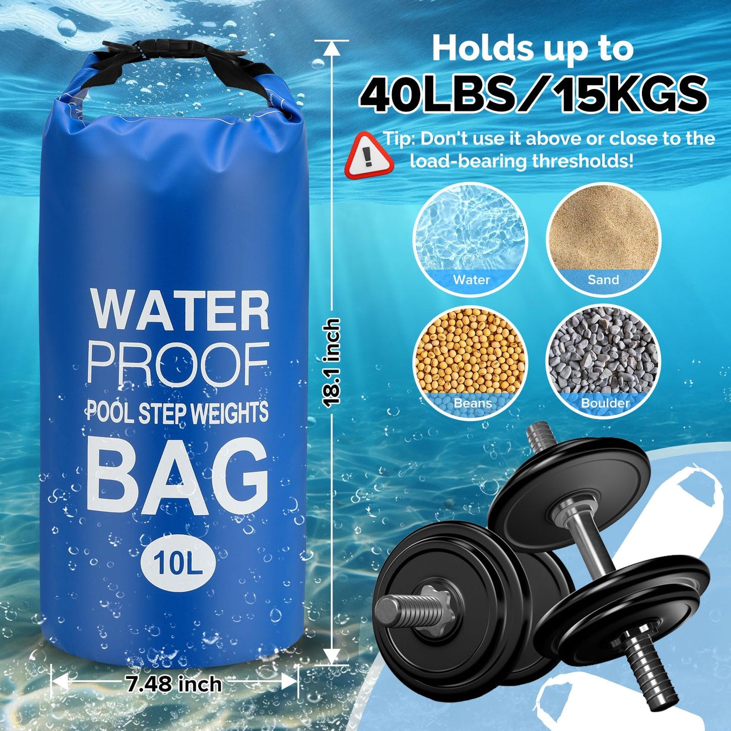 Goovilla Pool Ladder Weights Universal | 2 Pack 10L 500D PVC Waterproof Tear-Resistance Sand Bags for Above Ground Pools Steps | Easy to Fill and Seal with Strong Handle and 2 Straps (Dark Blue)