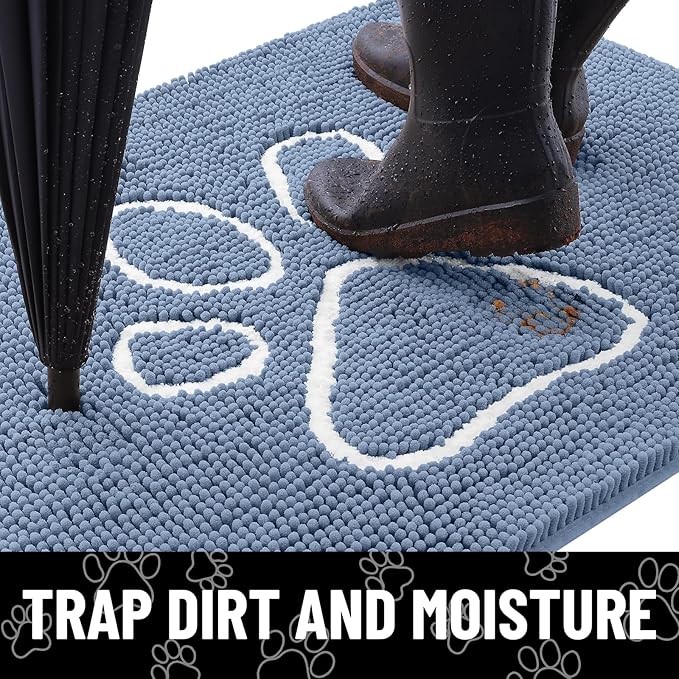 Smiry Dog Door Mat for Muddy Paws, Absorbent Dirt Trapper Non Slip Quick Dry Washable Chenille Mat for Mud Dogs, Entry Rug for Indoor and Outdoor (47x32 Inches, Airy Blue and White)