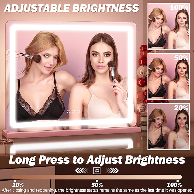 FENNIO 23" x 18" Vanity Mirror with Lights，LED Makeup Mirror，Hollywood Mirror with 3 Color Modes & Adjustable Brightness，Vanity Mirror Pink