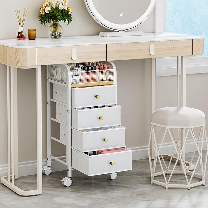SWTYMIKI Rolling Makeup Organizer Cart - Under Desk Vanity Makeup Storage with 4 Non-woven Drawers, Nail Cart Organizer Cosmetic Display Cases Cabinet for Skin Care Perfume Nail Polish Brush Hair Tool