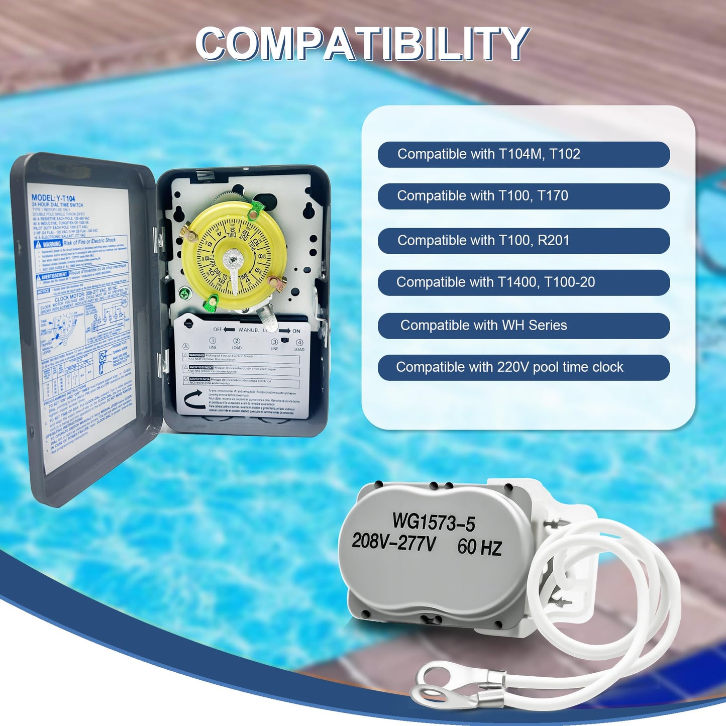 Pool Timer Replacement Motor for WG1570-10D,WG1573-5 Time Clock,208/277V 60Hz,Compatible with T104M,T100,T170,R201,T1400,T100-20 and WH Series