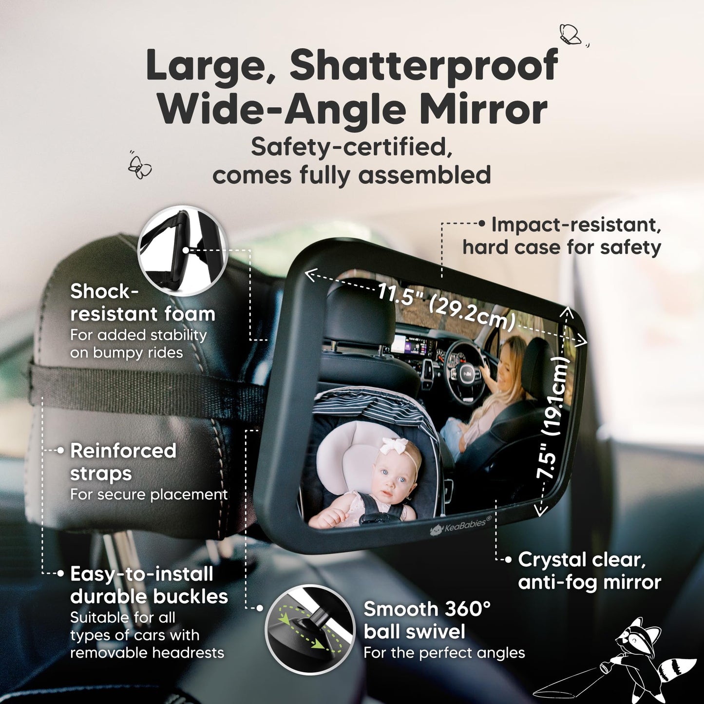 KeaBabies Baby Car Seat Mirror - Wide Shatterproof Backseat Infant Car Mirror for Baby Rear Facing, Crystal Clear View, Travel Accessories, Easy Install & Adjust for Removable Headrest (Matte Black)