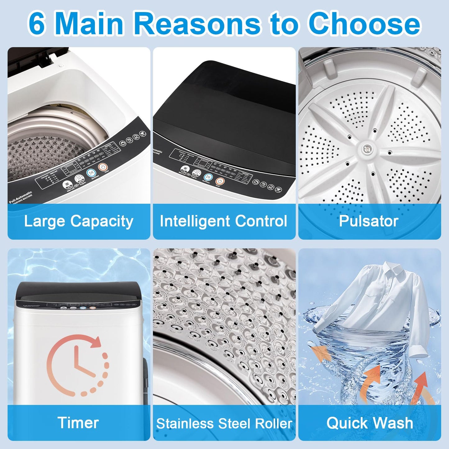 Stopsad 2.2 Cu.Ft Portable Washing Machine, Full-Automatic Electric Laundry Machine with 10 Programs, Compact Clothes Wash and Spin Combo with Stainless Steel Drum, Drain Hose for Apartment, Dorm,Home