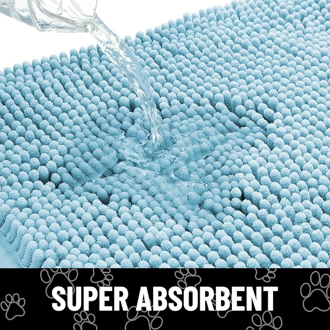 Smiry Dog Door Mat for Muddy Paws, Absorbent Dirt Trapper Non Slip Quick Dry Washable Chenille Mat for Mud Dogs, Entry Rug for Indoor and Outdoor (30x20 Inches, Sky Blue and White)