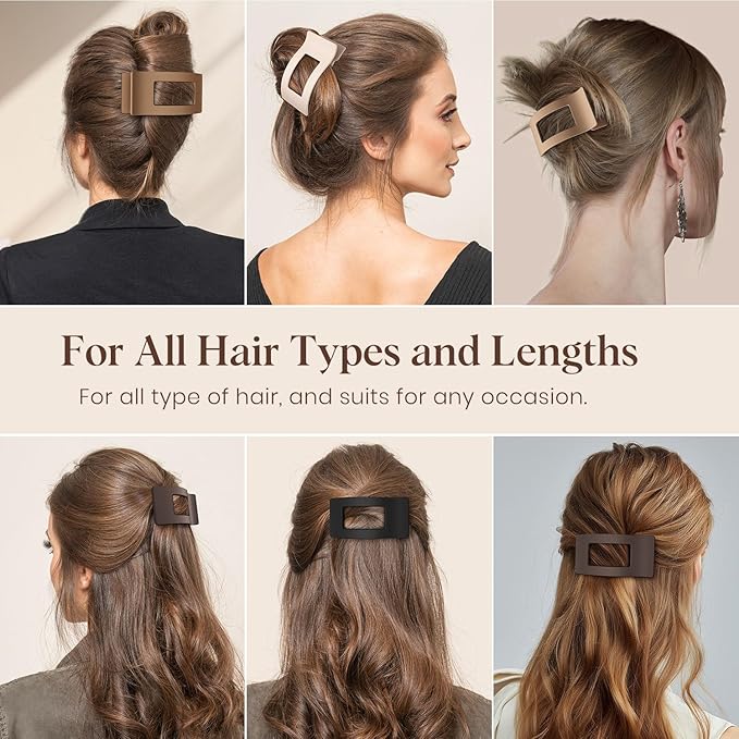 4 PCS Flat Hair Clips for Women Girls, French Rectangle Lay Down Claw Clips for Thick Thin Hair, Comfortable Curved Large Flat Clips, Matte Non-slip Strong Hold Square Hair Accessories, Brown
