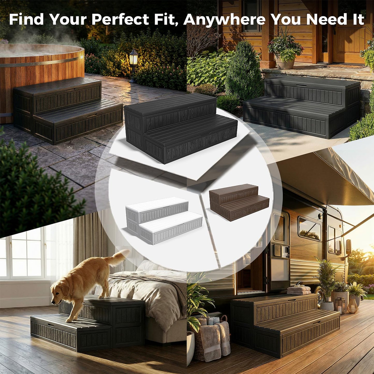CAMMOO Hot Tub Steps - Double-Decker Large Storage & Snap-Together Assembly, Fully Sealed Spa Steps with Non-Slip Wider Step, Hot Tub Stairs, Outdoor/Indoor, Black