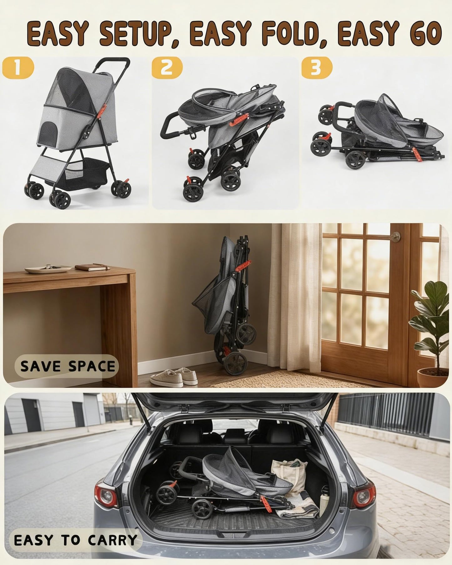Pet Stroller for Small Medium Dogs Cats - Lightweight 10lbs Foldable Dog Stroller, Breathable Mesh & Safety Tether, 33lbs Capacity with Locking Wheels, Storage Basket for Outdoor Walks-Gray