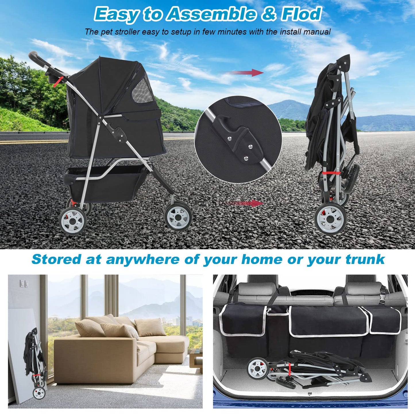 BestPet 3 Wheels Pet Dog Stroller Cat Cage Jogger Stroller Cats Travel Folding Carrier Waterproof with Cup Holder & Removable Liner,Black