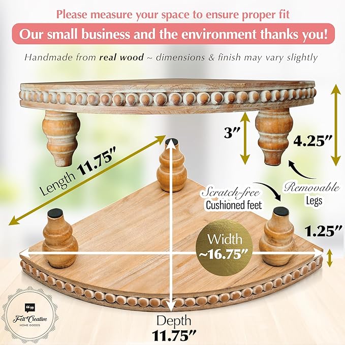 Farmhouse Corner Shelf Stand [with Removable Feet] - Bathroom Countertop Organizer, Decorative Tray Riser, Beaded Wooden Tray, Corner Tray Plant Stand, Coffee Bar Organizer for Kitchen Countertop
