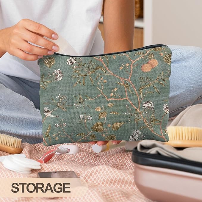 Vintage Floral Bird Makeup Bag, Chinoiserie Green Floral Cosmetic Bags for Women, Rustic Country Botanical Zipper Makeup Pouch