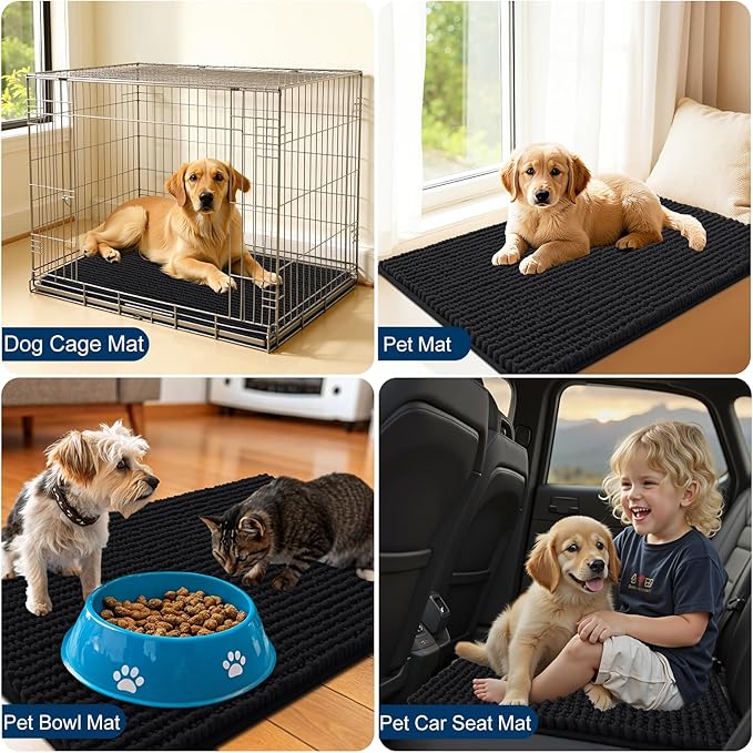 OLANLY Dog Door Mat for Muddy Paws 30x20, Ultra Absorbent Chenille Mud Doormat, Non-Slip Washable and Dirt Trapping Doormat for Indoor Entryway, Quick-Dry Indoor Pet Bed Mats for Dogs, Black