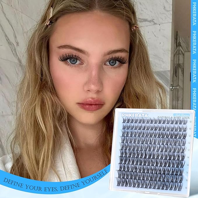 PHKERATA Natural Lash Clusters Wispy Eyelash Clusters 160 pcs Individual Lashes D Curvature Wispy 10-16 mm Cluster Eyelash Extensions DIY Eyelash Extension with Thin Lash Band