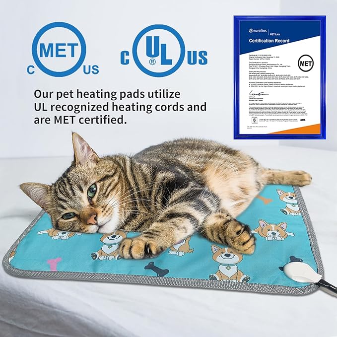 Dog Heating Pad 28×18 in Waterproof Heated Dog Bed,Smart Thermostat Switch with Normally Open On Function,Puppy Heating Pad with Metal Protective Tubes Added-Blue
