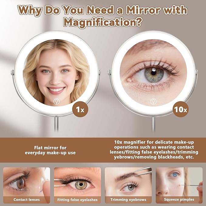 9" Magnifying Mirror with Light 1X/10X, Makeup Mirror with Light includes small mirror, 2000mAh Rechargeable, 360° Rotation, 3 Color Modes, Double-Sided, Ideal for Eyebrows, Lenses & Skincare