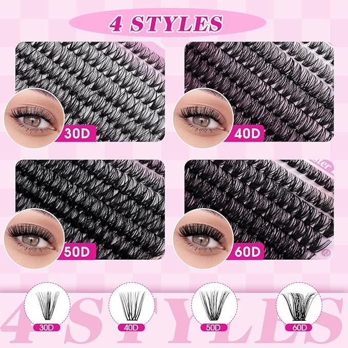 FADLASH Lash Clusters 546PCS Wispy Eyelash Clusters 30D+40D+50D+60D Individual Natural Lash Extensions 8-16mm Soft Thin Band DIY at Home