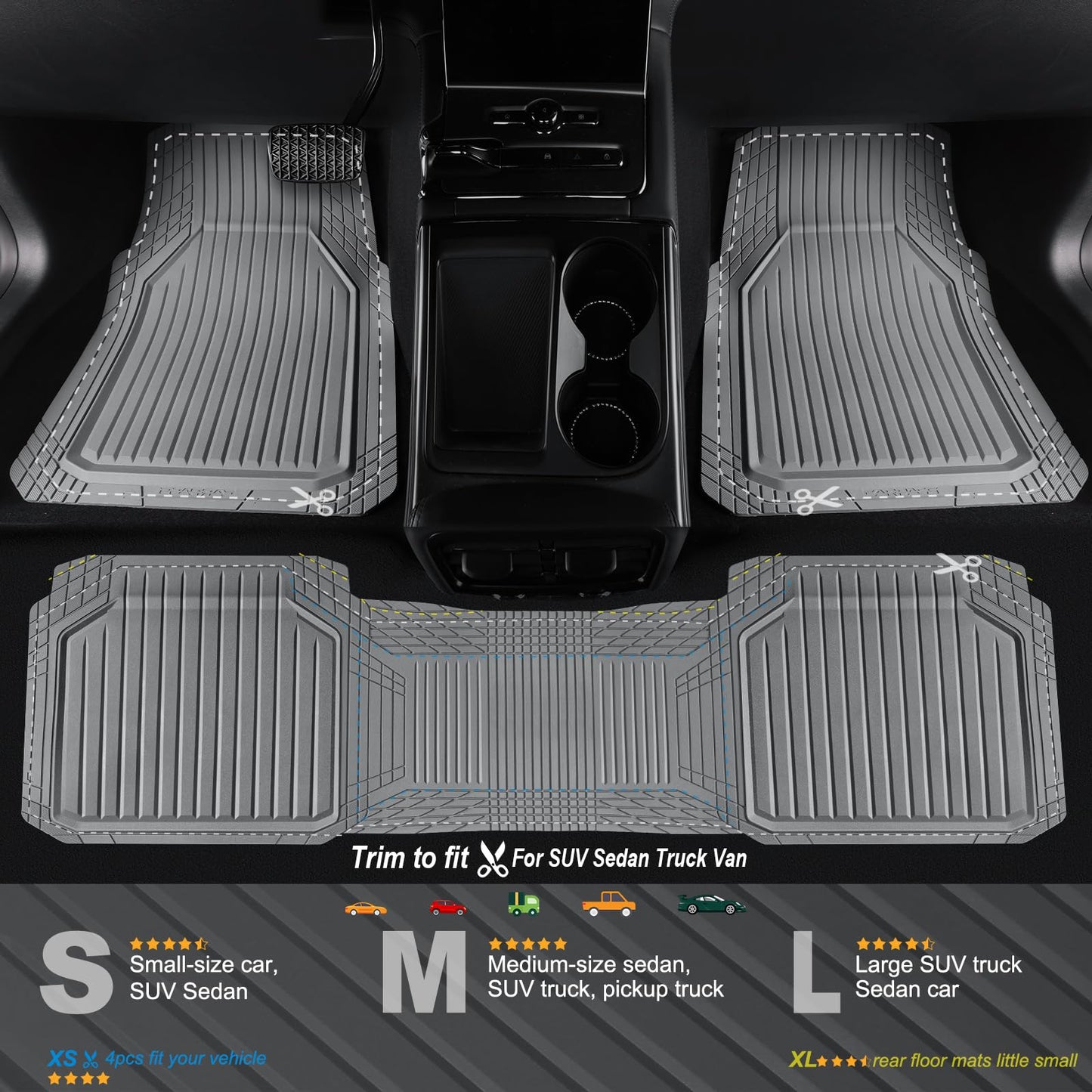 CAR PASS Heavy Duty Rubber Floor Mats for Car, Waterproof Liner Deep Dish Car Mats Full Sets, Universal Trim to Fit for SUV Truck Sedans Vans, All Weather Automotive Floor Mats 3pcs, Solid Gray