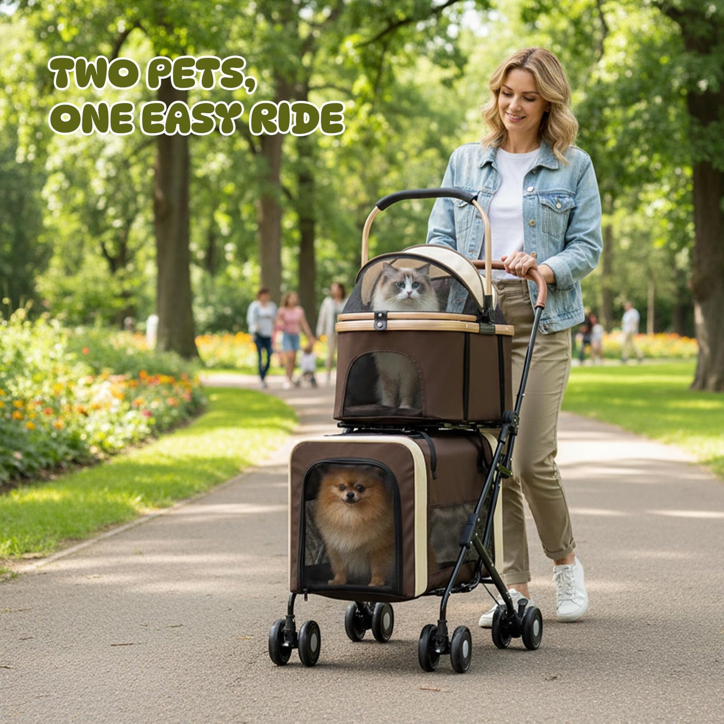 Beuway Double Pet Stroller for Dogs and Cats, One-Step Folding Dog Stroller Travel Carriage for Small Medium Dogs Cats, 2 Detachable Carrier Bags, 4 Lockable Wheels (Brown)