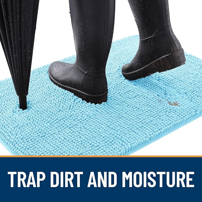 OLANLY Dog Door Mat for Muddy Paws 45x27, Absorbs Moisture and Dirt, Absorbent Non-Slip Washable Doormat, Quick Dry Chenille Mud Mat for Dogs, Entry Indoor Entryway Carpet for Inside Floor, Blue