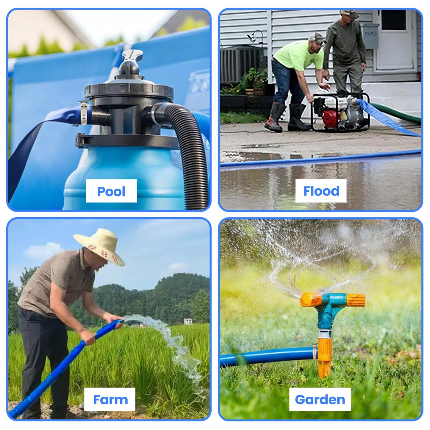 Poolvio Backwash Hose 1-1/2" x 50 ft, Blue Lay-Flat PVC Discharge Hose with 2 Stainless Steel Thumb Screw Clamps, Leak-Free for Swimming Pool Filter Cleaning, Flooded Area, Pond Draining