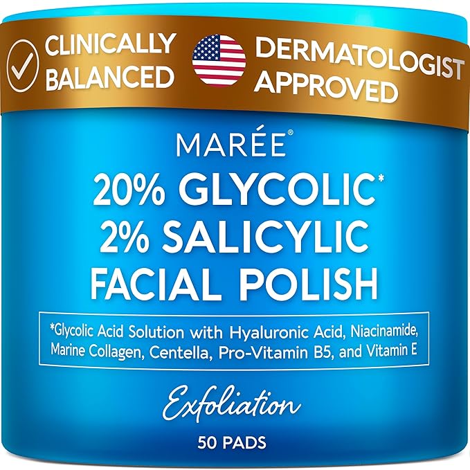 MAREE Glycolic Acid Pads & 2% Salicylic Acid Ã¢ÂÂ Toner Pads for Face with 20% Glycolic Acid Solution Ã¢ÂÂ Face Exfoliating Pads, Acne Clearing Face Pads Ã¢ÂÂ Skin Pore Resurfacing & Radiance Device Ã¢ÂÂ 50 Count