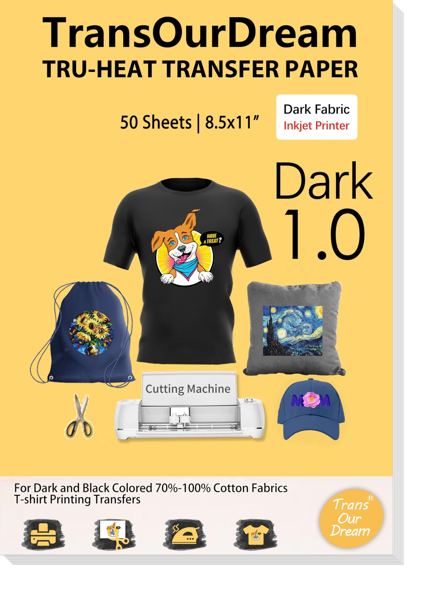 TransOurDream Heat Transfer Paper for Dark T Shirts (50 Sheets, 8.5x11", Dark 1.0) Iron on Transfers Paper for Inkjet Printer Printable Heat Transfer Vinyl for Dark Fabrics