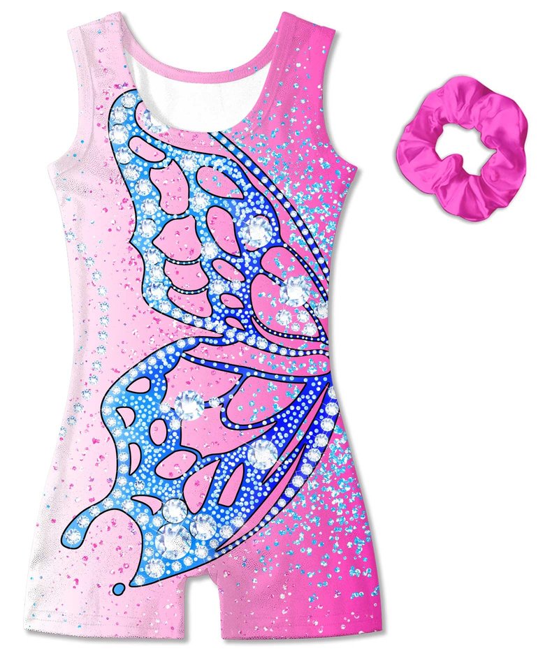 Vogseek Gymnastics Leotards for Girls 9 10 Years Pink Blue Butterflyss Tumbling Outfits with Hair Scrunchie Kids Sparkle Ballet Dance Biketards, Pink Blue