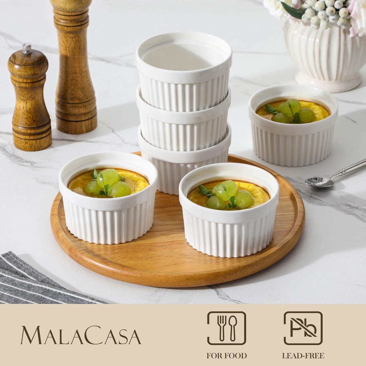 MALACASA Ramekins 12 oz Oven Safe, Porcelain Creme Brulee Ramekins Pudding Custard Cups Large Ceramic Souffle Dishes Ramakan Ramiken Ramicans Baking Bowls Set of 6, White, Series RAMEKIN-DISH