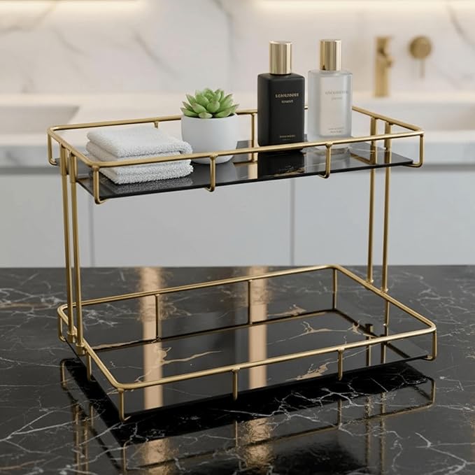 2-Tier Black Marble Bathroom Countertop Organizer Ã¢ÂÂ Glass Shelves & Gold Metal Frame, Stylish Vanity Storage Shelf for Perfume, Skincare, Makeup & Toiletries