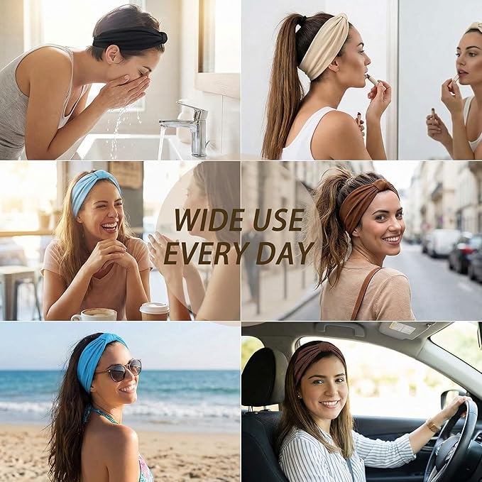 Wide Headbands for Women - 6 Pack Stretchy Soft Hair Bands for Workout, Yoga, Running, Makeup & Face Washing - Fashion Knotted Head Wraps & Hair Accessories
