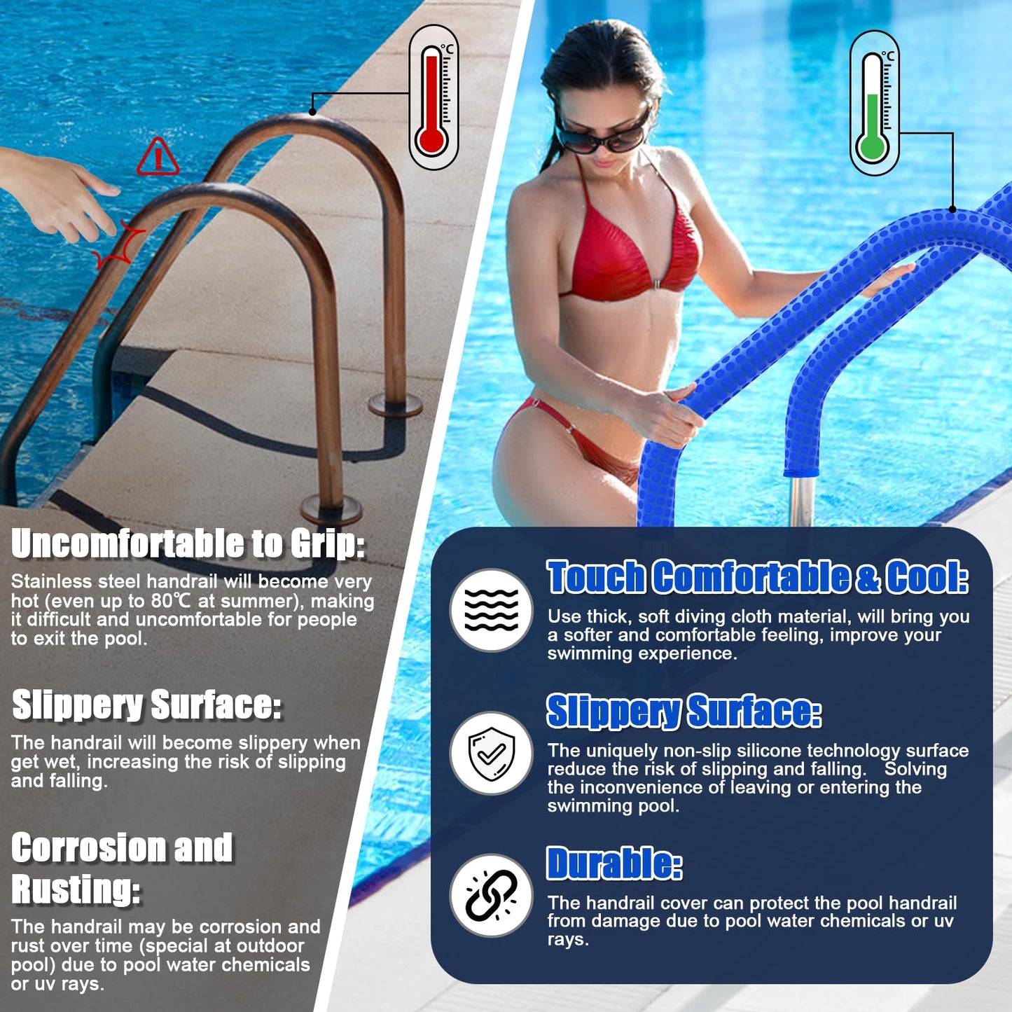 Pool Handrail Covers with Zippers 4 6 8 10 Ft Inground Swimming Pools Hand Rail Cover, Anti-Slip Cool Touch Heat Resistant, Royal Blue, Non Slip Swim Pool Railing Ladder Stair Handle Grip (4 Feet)