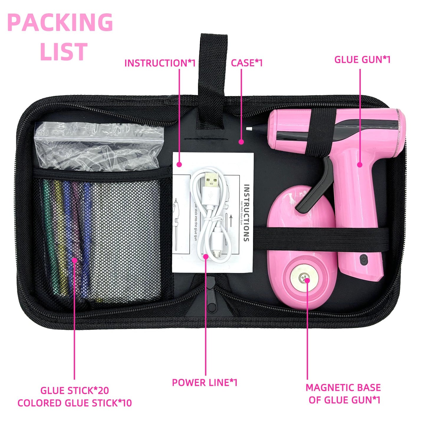 Liumai Cordless Hot Glue Gun Kit with 30pcs Mini Glue Sticks, USB Rechargeable Mini Glue Gun with Carrying Case, Stand-Up Base, Smart Power-Off Hot Melt Glue Gun for Crafting, Pink