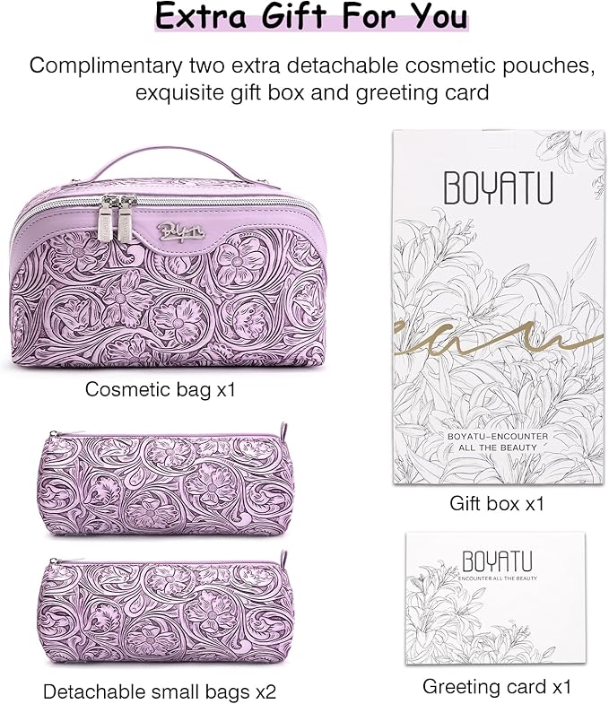 BOYATU Travel Makeup Bags Cosmetic Organizer Bag: 3 Pcs Set Large Capacity Floral Make up Bag with Compartments - Waterproof Leather Toiletry Bags with Handle for Women (21-Purple)