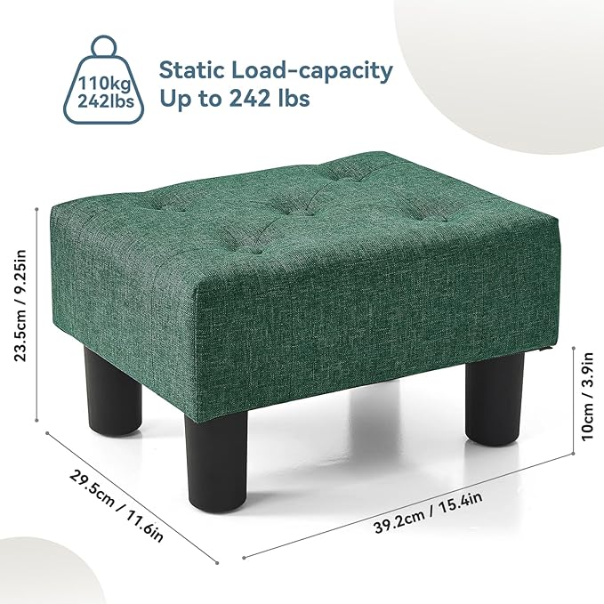 Poofzy Small Foot Stool Ottoman, Linen Ottoman Foot Rest with Legs, Rectangle Foot Rest for Couch, Footstools and Ottomans Small for Living Room and Entryway (Green)